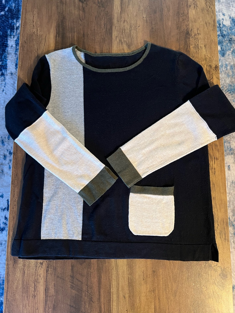 Lisa Todd Color Block Cotton Cashmere Sweater Black Gray Olive